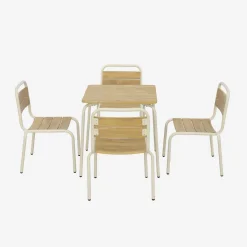 Mesa de jardín infantil de acero y decoración de madera con 4 asientos