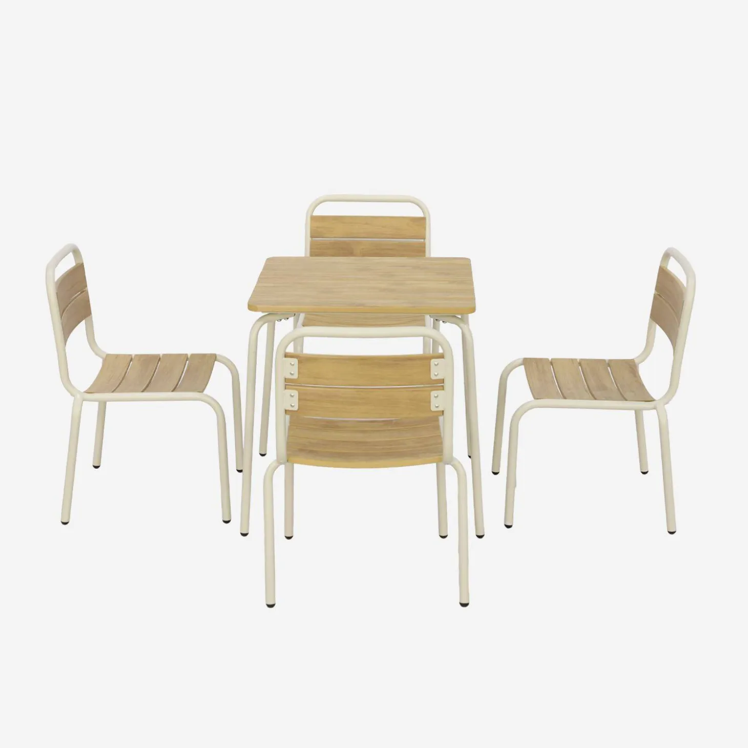Mesa de jardín infantil de acero y decoración de madera con 4 asientos