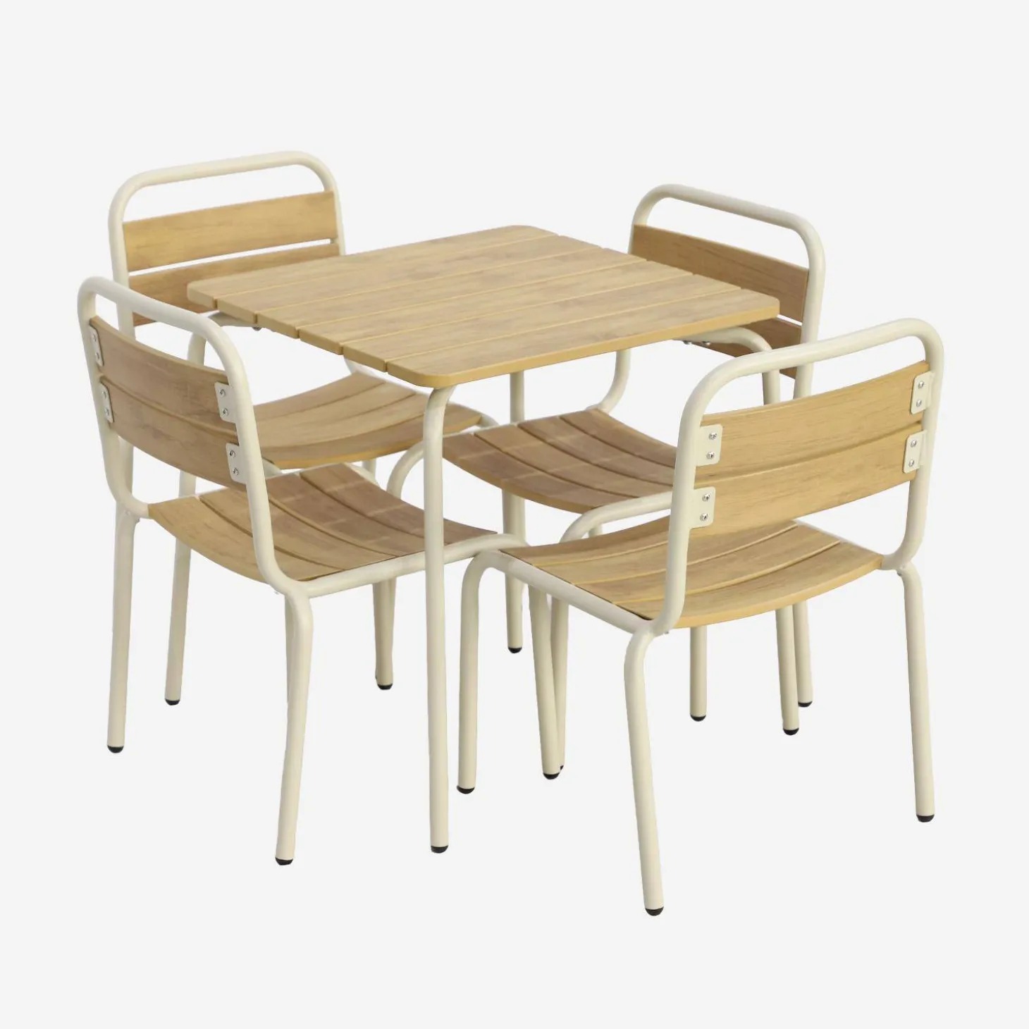Mesa de jardín infantil de acero y decoración de madera con 4 asientos