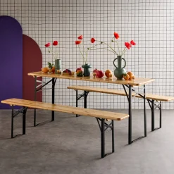 Mesa de madera y 2 bancos plegables para 6 personas