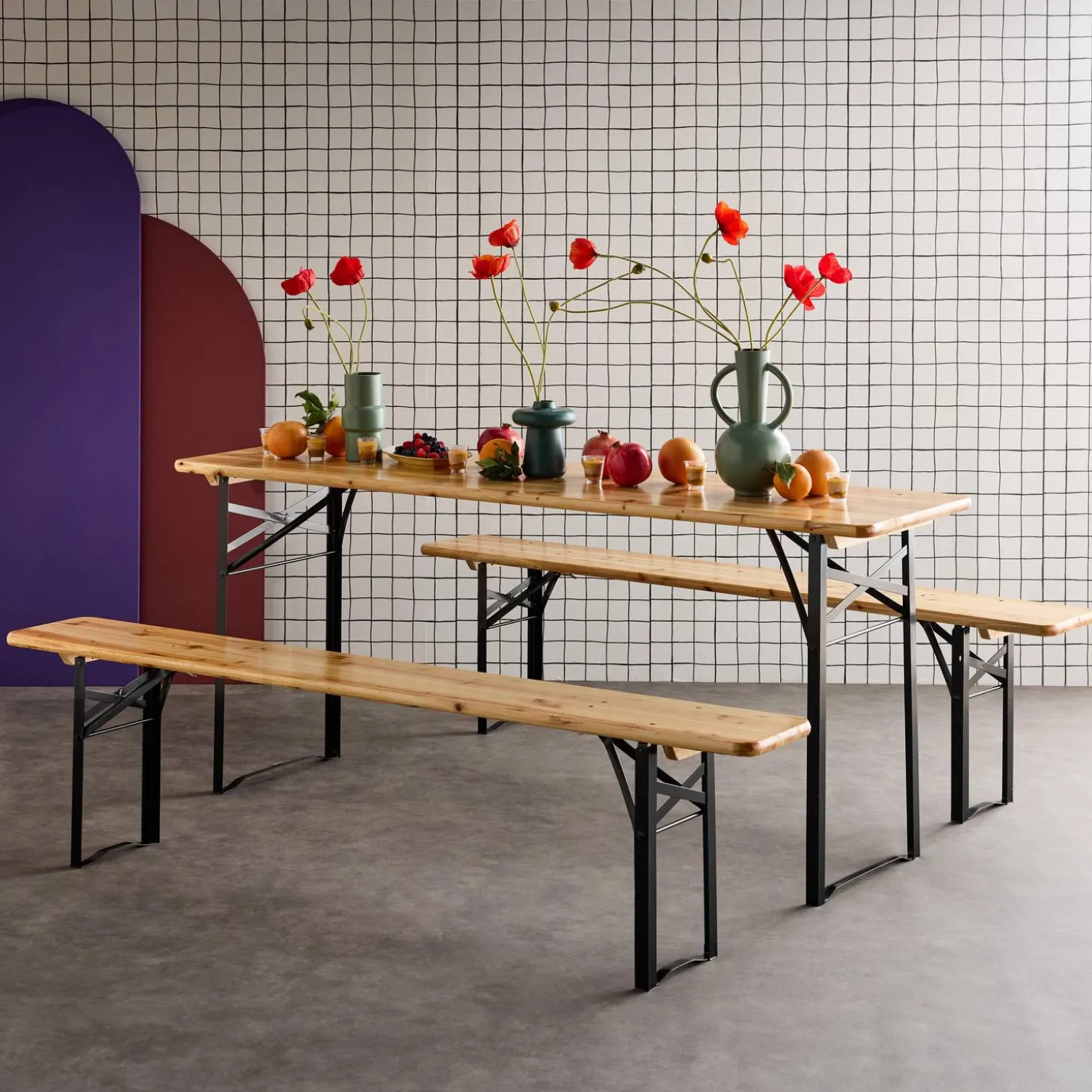 Mesa de madera y 2 bancos plegables para 6 personas