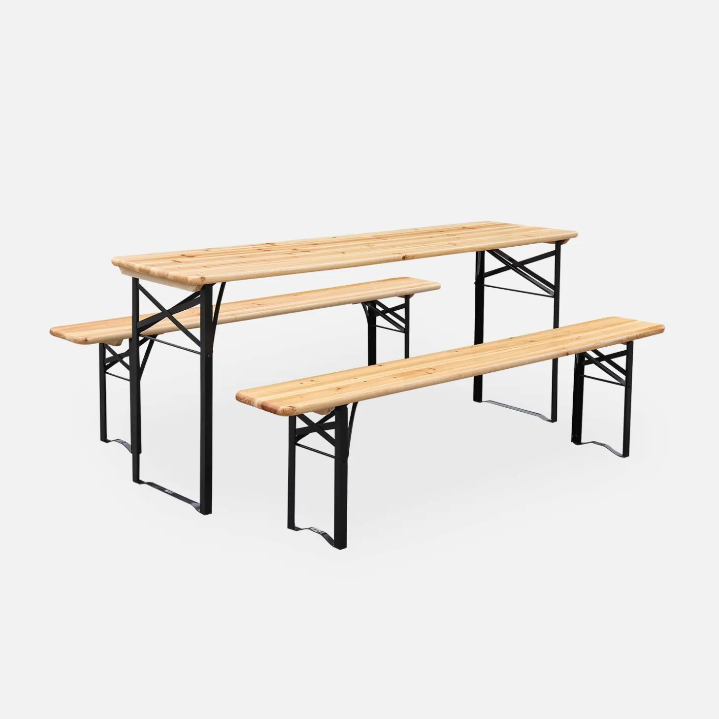 Mesa de madera y 2 bancos plegables para 6 personas