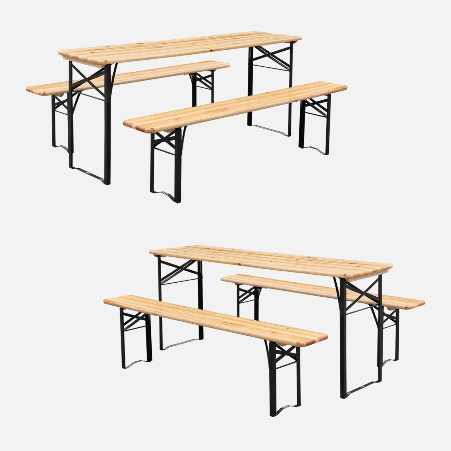 Mesa de recepción plegable madera de abeto 2 bancos, set de 2