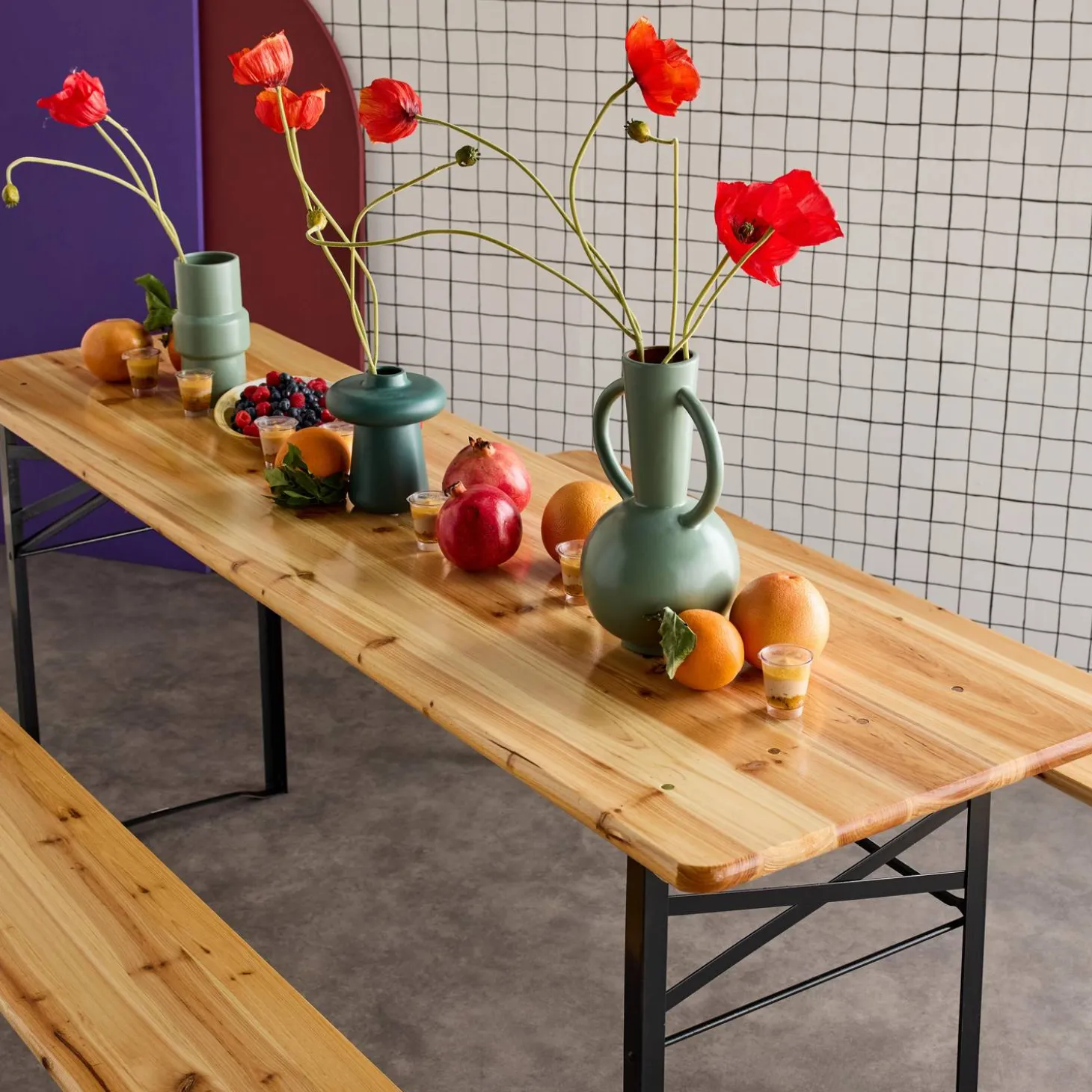 Mesa de recepción plegable madera de abeto 2 bancos, set de 2