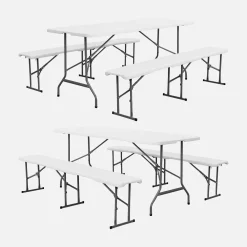 Mesa de recepción plegable acero 2 bancos, set de 2
