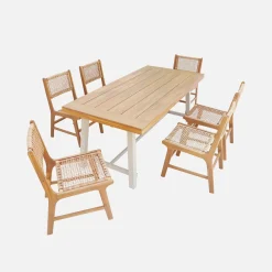 Mesa interior/exterior de madera de acacia y metal con 6 sillas de resina trenzada