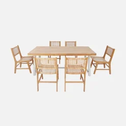 Mesa interior/exterior de madera de acacia y metal con 6 sillas de resina trenzada
