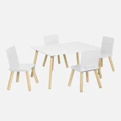 Mesa rectangular infantil de madera de pino, 4 sillas
