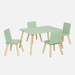 Mesa rectangular infantil de madera de pino, 4 sillas