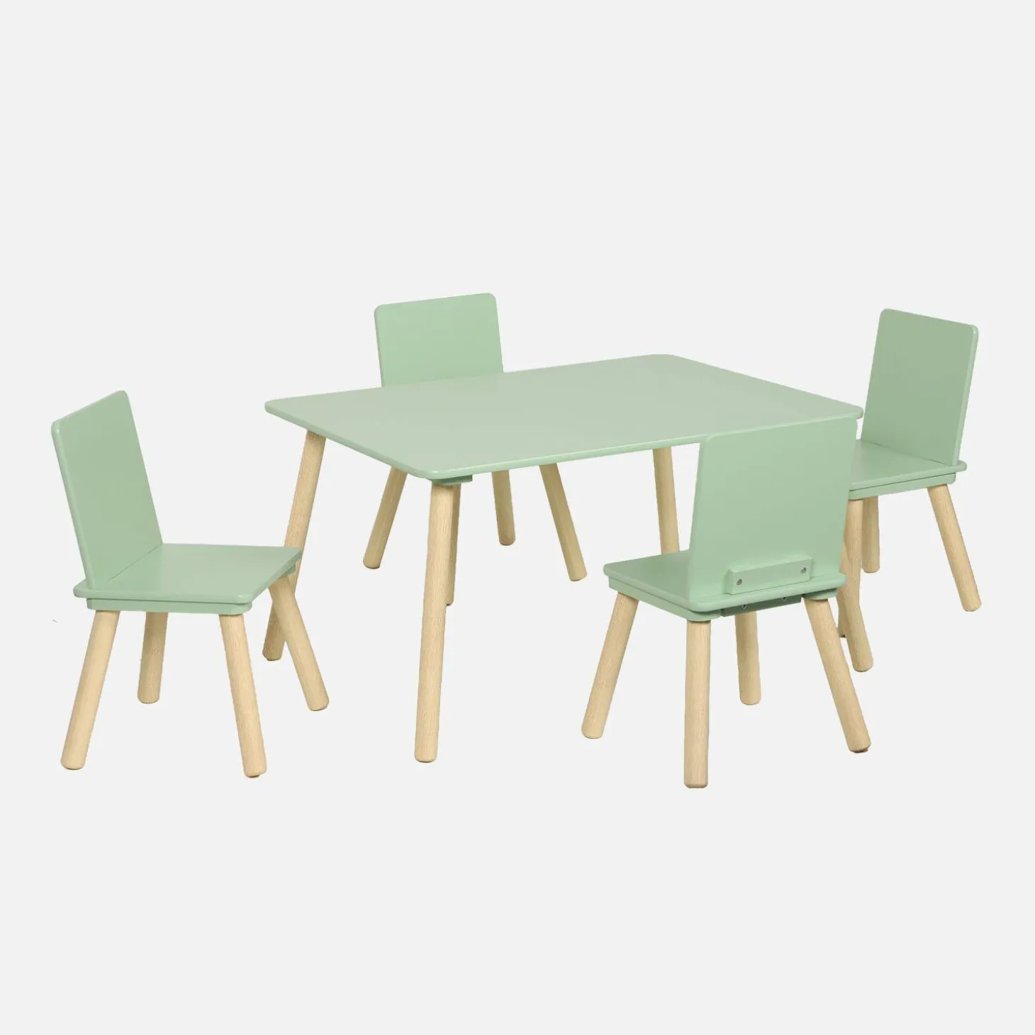 Mesa rectangular infantil de madera de pino, 4 sillas