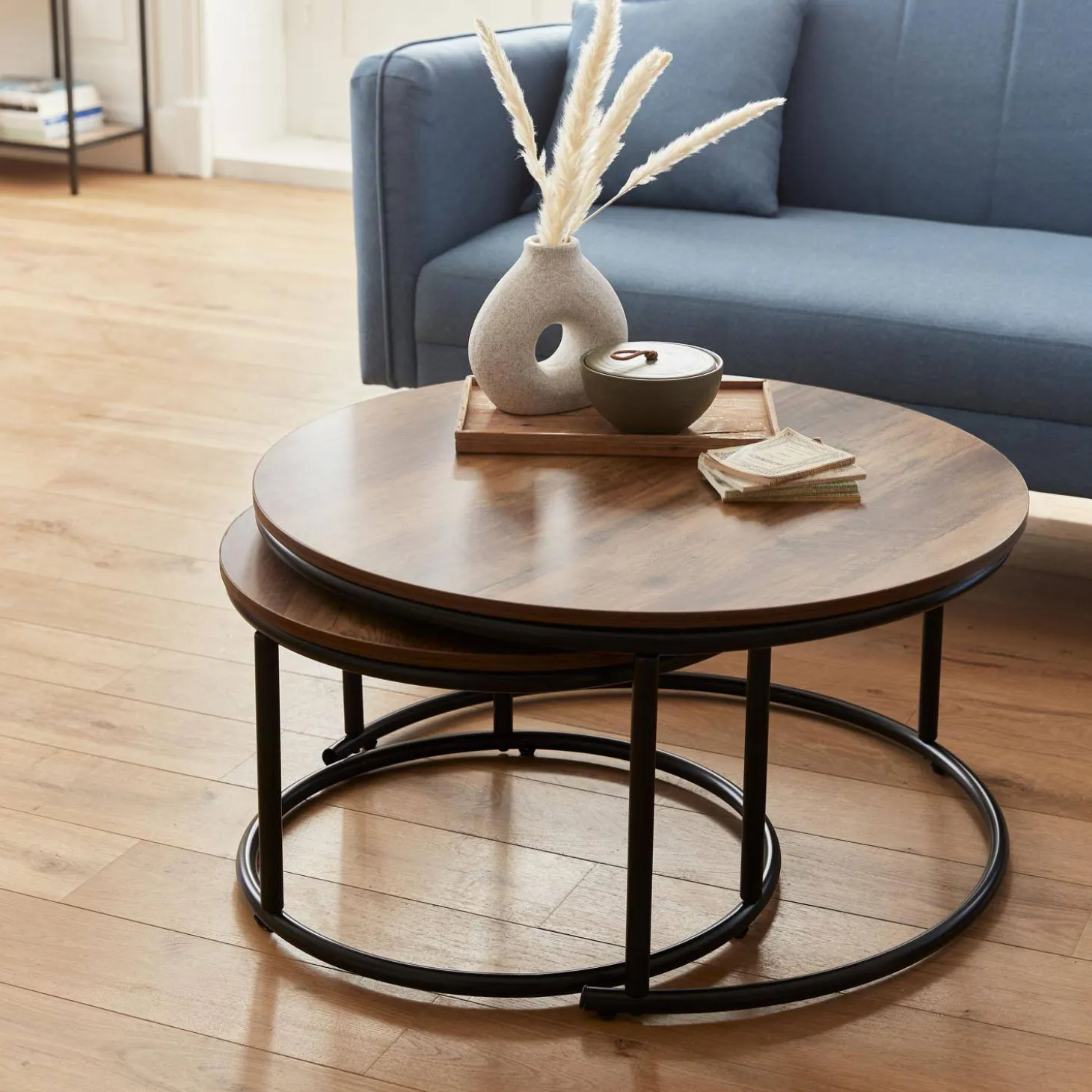 Mesa redonda nido con efecto madera, set de 2