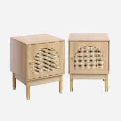 Mesita de madera y caña 1 puerta , set de 2