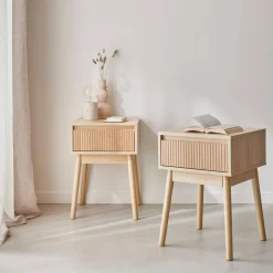 Mesita de noche de 1 cajón con efecto madera, set de 2