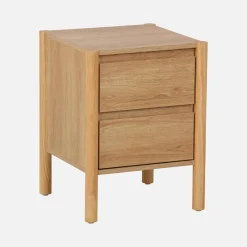 Mesita de noche con decoración de madera, 2 cajones