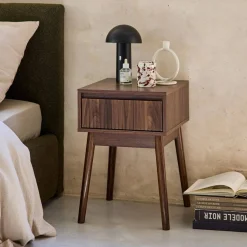 Mesita de noche con efecto madera, 1 cajón