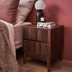 Mesita de noche con efecto madera, 2 cajones