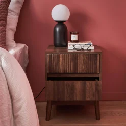 Mesita de noche con efecto madera, 2 cajones