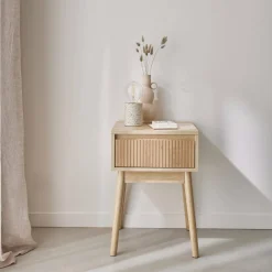 Mesita de noche con efecto madera, 1 cajón