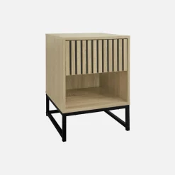 Mesita de noche contemporánea efecto madera estriada con 1 cajón