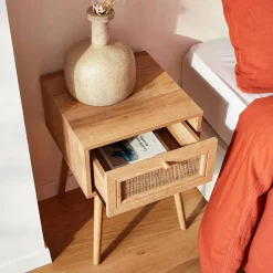 Mesita de noche de 1 cajón con efecto madera y caña
