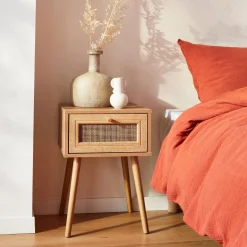 Mesita de noche de 1 cajón con efecto madera y caña
