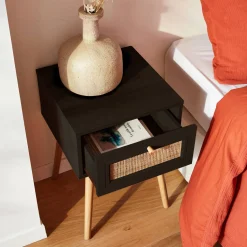 Mesita de noche de 1 cajón con efecto madera y caña