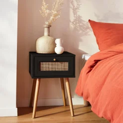 Mesita de noche de 1 cajón con efecto madera y caña