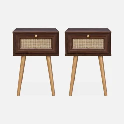 Mesita de noche de 1 cajón con efecto madera y caña, set de 2