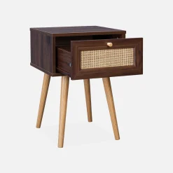 Mesita de noche de 1 cajón con efecto madera y caña, set de 2