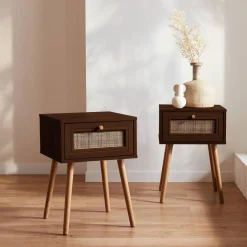 Mesita de noche de 1 cajón con efecto madera y caña, set de 2