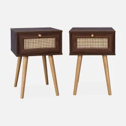 Mesita de noche de 1 cajón con efecto madera y caña, set de 2