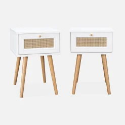 Mesita de noche de 1 cajón con efecto madera y caña, set de 2