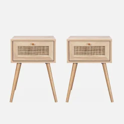 Mesita de noche de 1 cajón con efecto madera y caña, set de 2