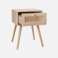 Mesita de noche de 1 cajón con efecto madera y caña, set de 2