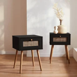 Mesita de noche de 1 cajón con efecto madera y caña, set de 2