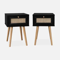 Mesita de noche de 1 cajón con efecto madera y caña, set de 2