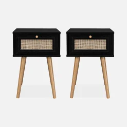 Mesita de noche de 1 cajón con efecto madera y caña, set de 2