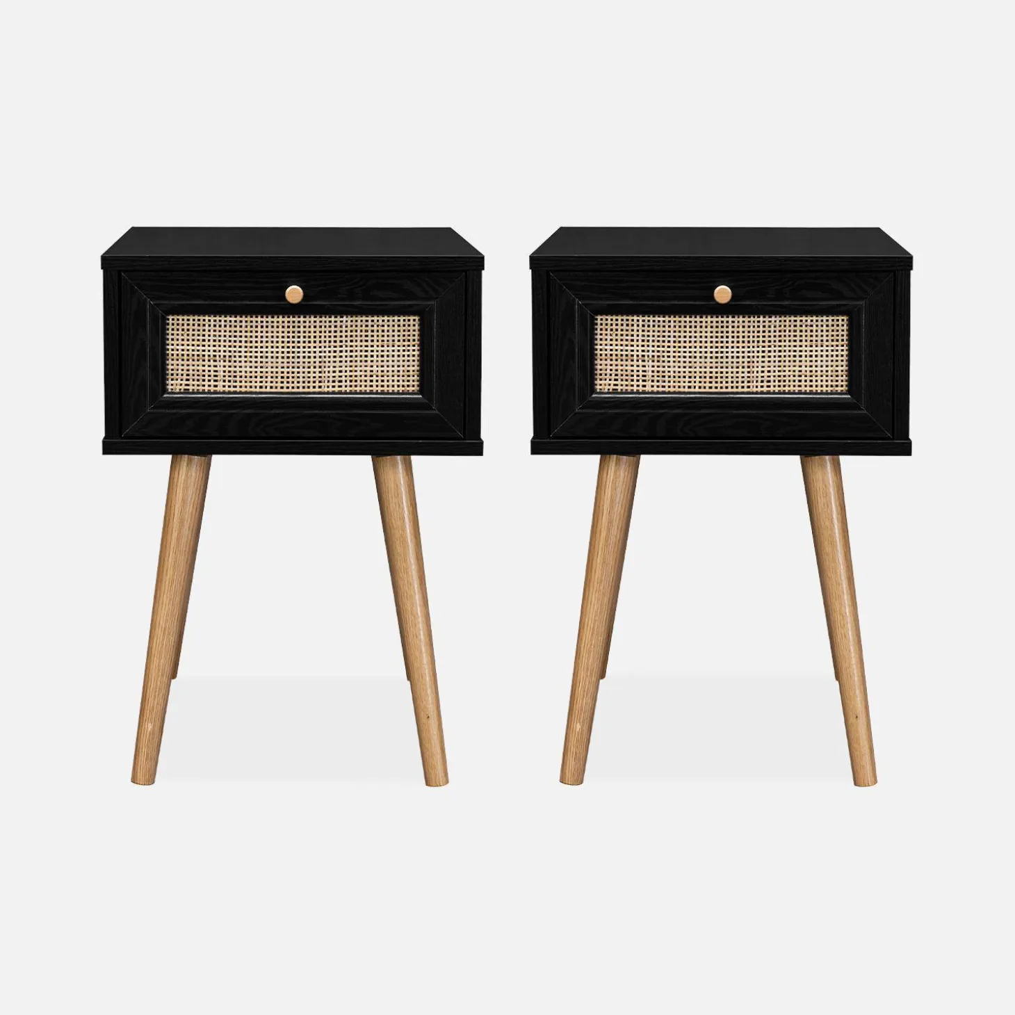 Mesita de noche de 1 cajón con efecto madera y caña, set de 2