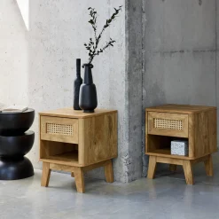 Mesita de noche efecto madera y caña, set de 2