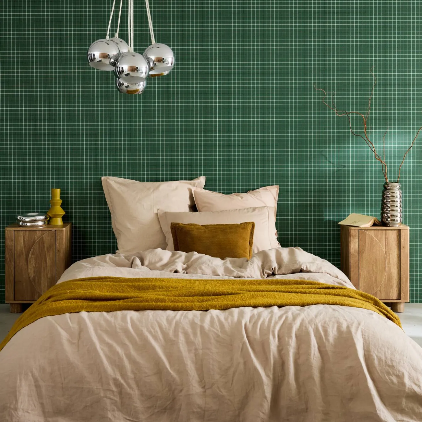 Mesita de noche efecto madera de mango con 1 puerta reversible, set de 2