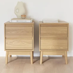 Mesita de noche efecto madera con 2 cajones, set de 2