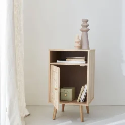 Mesita de noche escandinava con efecto madera y caña, set de 2