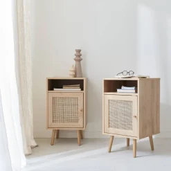 Mesita de noche escandinava con efecto madera y caña, set de 2