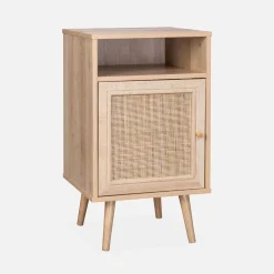 Mesita de noche escandinava con efecto madera y caña, set de 2