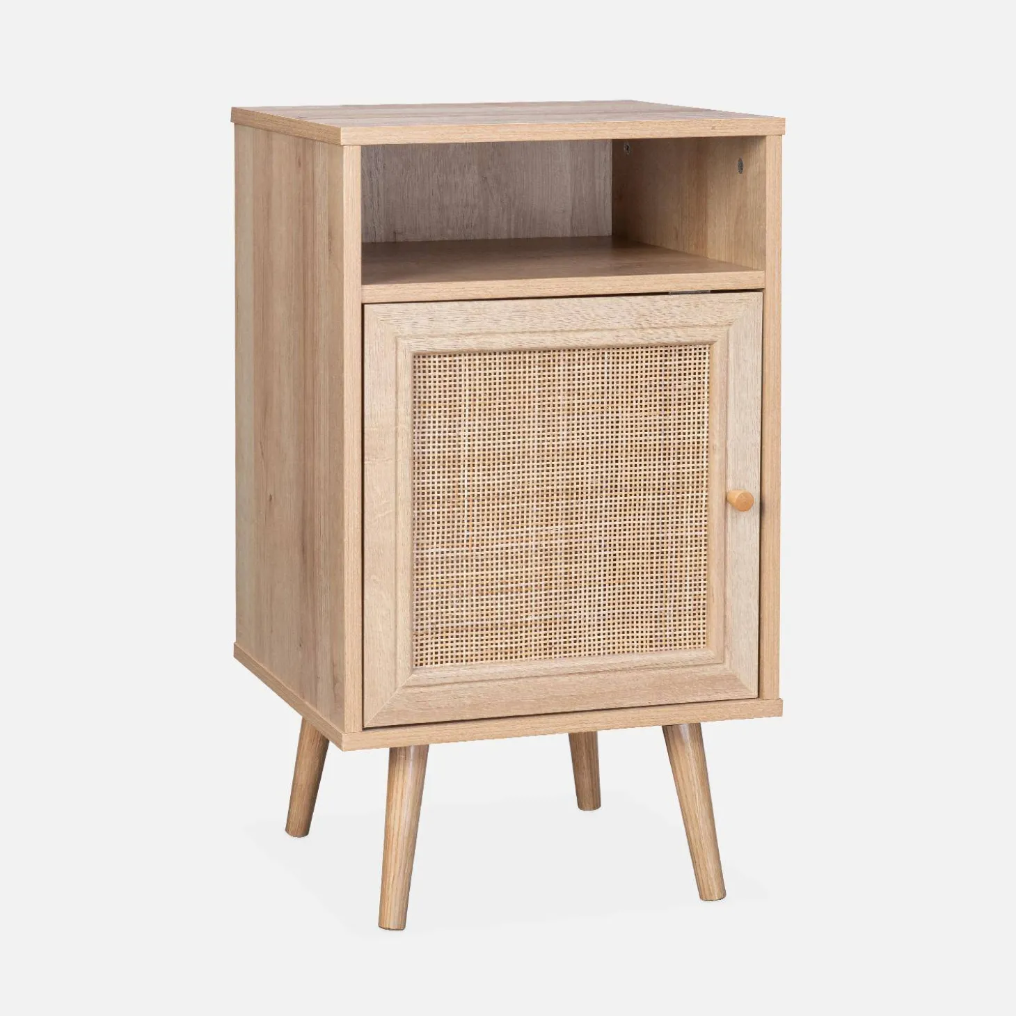 Mesita de noche escandinava con efecto madera y caña, set de 2