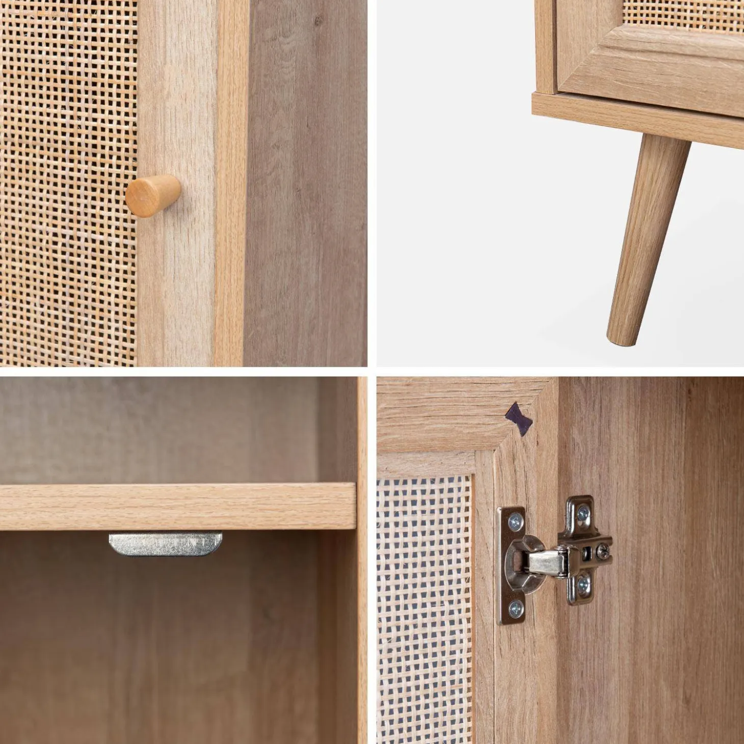 Mesita de noche escandinava con efecto madera y caña, set de 2