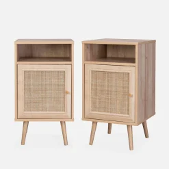 Mesita de noche escandinava con efecto madera y caña, set de 2
