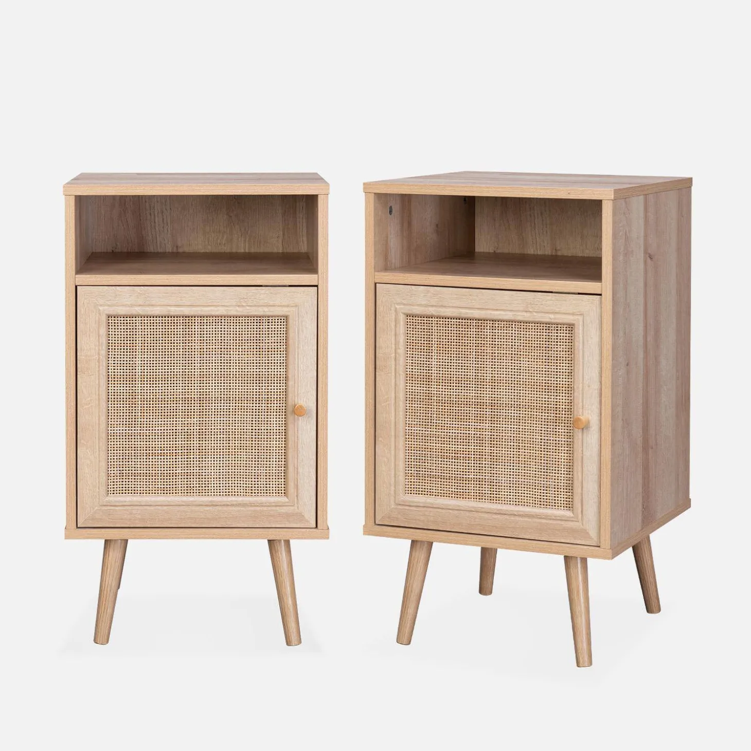 Mesita de noche escandinava con efecto madera y caña, set de 2