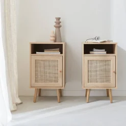 Mesita de noche escandinava con efecto madera y caña, set de 2