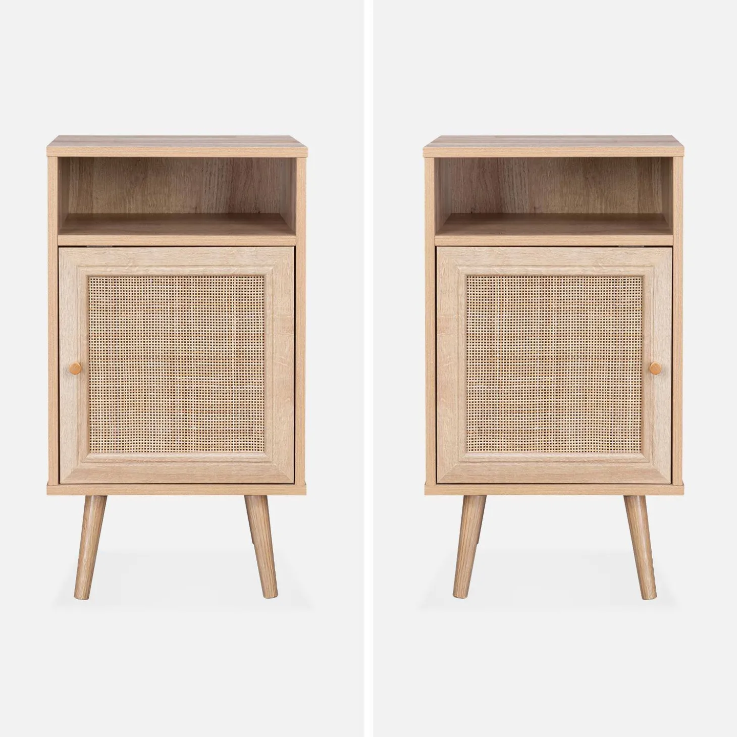 Mesita de noche escandinava con efecto madera y caña, set de 2